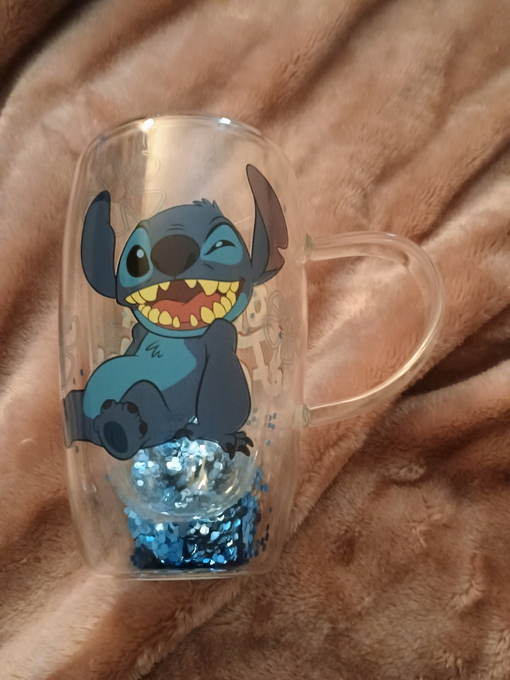 Disney Blue Stitch Glass Mug with Blue Glitter